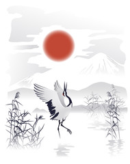 Fototapety  Red Crowned Crane standing in the water against the backdrop of mountains and the rising sun. Vector illustration.