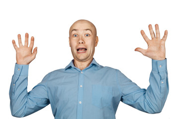 Portrait White bald man in blue shirt on a white isolated background, got scared