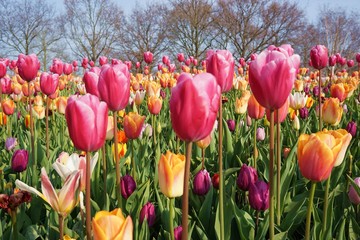 Purple tulips with blur background.Close up tuilips.Orange tulips.Group of tuilips flowers.Flowers close up in Amsterdam,the netherlands