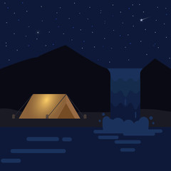 Night landscape with tents, mountains and waterfall.