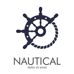 Obraz premium Logotipo abstracto con texto NAUTICAL con timón y cuerda en círculo color gris