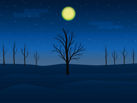 Night landscape of Dry tree and moon.