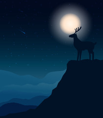 Deer silhouette standing on a cliff with moon