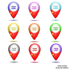 Bright map icon with flag of China. Location Icon illustration