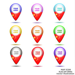 Bright map icon with flag of China. Location Icon vector. Vector illustration