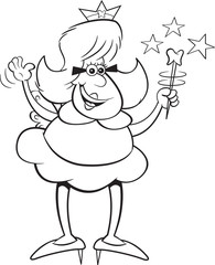 Black and white illustration of a tooth fairy waving a magic wand.