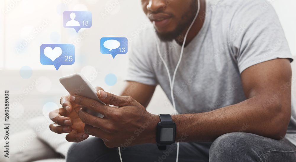 Poster man using phone with broadcast live social media
