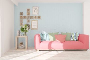 White stylish minimalist room with sofa. Scandinavian interior design. 3D illustration