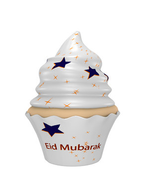 Cupcake mit dem Text Eid Mubarak, blauen und gelben Sternen.