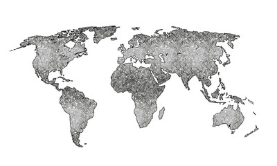 Best doodle world map for your design. Hand drawn freehand editable sketch. Planet Earth simple graphic style. Vector line illustration