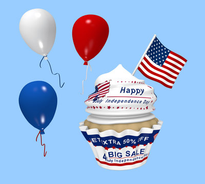 Cupcake mit Design für den amerikanischen Unabhängigkeitstag mit Sale Werbung, Luftballons und Landesflagge.