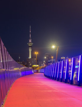 Auckland, New Zealand - 8 January 2019: pink cyclepath in Nelson street, with famous Sky Tower in the background.