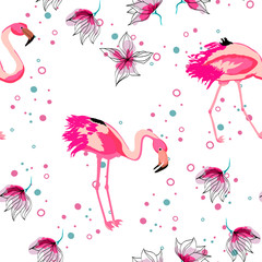 Pink flamingo tropical floral seamless pattern.Hibiscus flowers with exotic birds.Hawaiian background with flamingo and tropical plants.