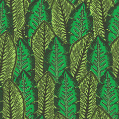Fresh seamless pattern with overlay black outline green tropical banana leaves. Trendy overlapping exotic plants texture for textile, wrapping paper, surface, wallpaper, background
