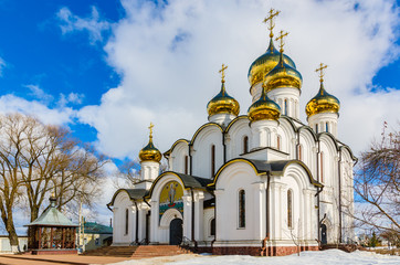 Fototapeta na wymiar Cathedral Of St. Nicholas in Nikolsky monastery, Pereslavl-Zalessky, Yaroslavl region, Russia, March 2019