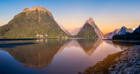 Mitre peak in Milford Sound reflected at sunset.
