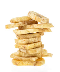 Dried banana slices isolated on white background. Banana chips.