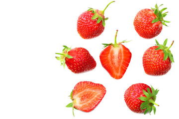 Strawberry with slices isolated on white background. top view