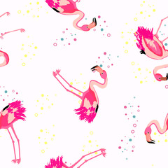 Flamingo and colored confetti on a white background tropical seamless pattern. Brazilian celebration with pink flamingo and round colored flying confetti endless pattern.
