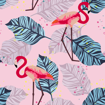 Pink flamingo with tropical leaves floral seamless pattern. Palm tree leaves with exotic birds. Flamingo floral background textile design.