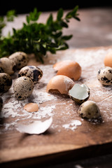 Natural quail eggs on the kitchen table.
