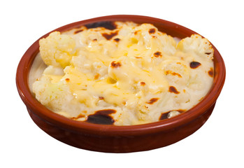 Tasty baked with bechamel sauce cauliflower at clay pot