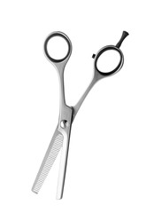 New thinning scissors on white background. Professional hairdresser tool