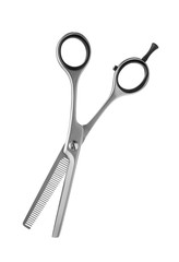 New thinning scissors on white background. Professional hairdresser tool