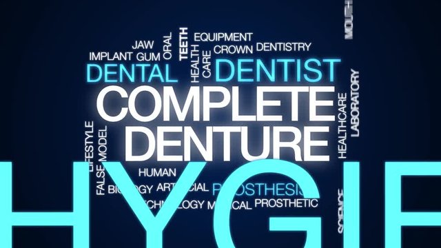 Complete denture animated word cloud. Kinetic typography.