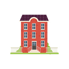 Red brick city house with green grass stairs