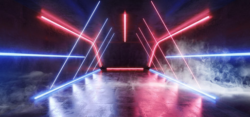 Smoke Fog Triangle Fluorescent Vibrant Neon Futuristic Sci Fi Glowing Red Purple Blue Virtual Reality Cyber Tunnel Concrete Grunge Floor Room Hall Studio Stage Empty Space Background 3D Rendering