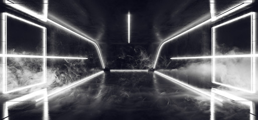 Fototapeta na wymiar Smoke Fog Sci Fi Virtual Glowing Neon Futuristic Studio Stage Podium Empty Reflective White Glowing Lights Grunge Concrete Floor Dark Hall Room Corridor 3D Rendering