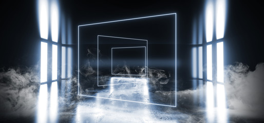 Smoke Fog Sci Fi Virtual Glowing Neon Futuristic Studio Stage Podium Empty Reflective Blue Glowing Lights Grunge Concrete Floor Dark Hall Room Corridor 3D Rendering