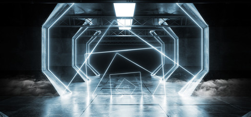 Smoke Virtual Reality Cyber Sci Fi Futuristic Neon Glowing Alien Ship Space Tunnel Corridor Glowoing Vibrant Fluorescent Laser Blue Reflective Floor Concrete Grunge 3D Rendering