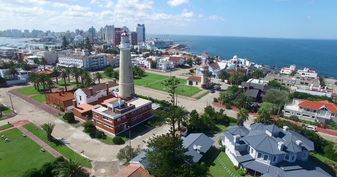 Aerial view from the lighthouse in Punta del Este with the skyline in the background in the sunshine. Maldonado, Uruguay.