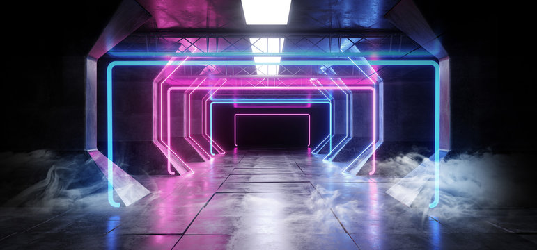 Smoke Virtual Reality Cyber Sci Fi Futuristic Neon Glowing Alien Ship Space Tunnel Corridor Glowoing Vibrant Fluorescent Laser Blue Purple Pink Reflective Floor Concrete Grunge 3D Rendering