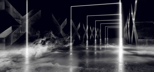Smoke White Dark Neon Fluorescent Rectangle Shaped Sci Fi Futuristic Track Path Grunge Concrete Cross Shaped Glossy Reflective Floor Underground Garage Black Psychedelic Pattern 3D Rendering