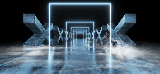 Smoke Blue Dark Vibrant Neon Fluorescent Rectangle Shaped Sci Fi Futuristic Track Path Grunge Concrete Cross Shaped Glossy Reflective Floor Underground Garage Black Psychedelic Pattern 3D Rendering