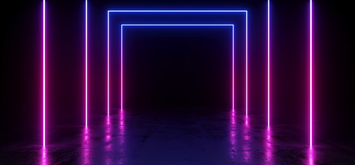 Purple Blue Vibrant Neon Fluorescent Rectangle Shaped Sci Fi Futuristic Track Path Grunge Concrete Glossy Reflective Floor Underground Garage Black Psychedelic Pattern 3D Rendering