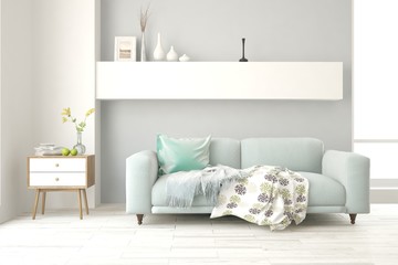 White stylish minimalist room with sofa. Scandinavian interior design. 3D illustration