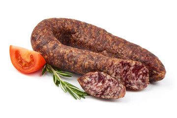 Smoked salami sausage, dried meat, close-up, isolated on white background