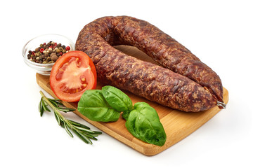 Smoked salami sausage, dried meat, close-up, isolated on white background