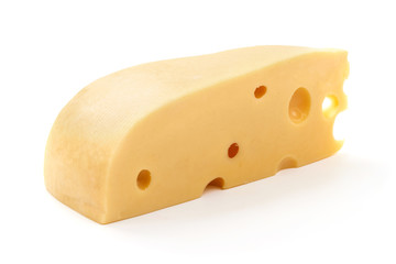 Cheese block with holes, close-up, isolated on white background
