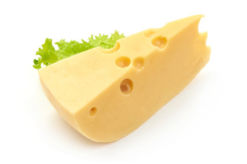 Piece of Cheese with lettuce, close-up, isolated on white background