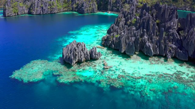Aerial views on beautiful emerald twin lagoons in Coron island, Palawan, Philippines