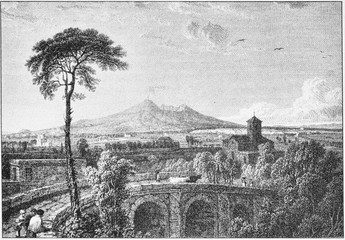 engraving of Vesuvius smoking in the Gulf of Naples, Author of the archaeologist and engraver William Gell in the early 1800s