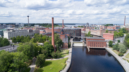 Fototapeta na wymiar Aerial birds eye view of the Tampere city at sunny summer day