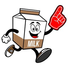 Chocolate Milk Carton Mascot running with a Foam Finger - A cartoon illustration of a Chocolate Milk carton mascot.