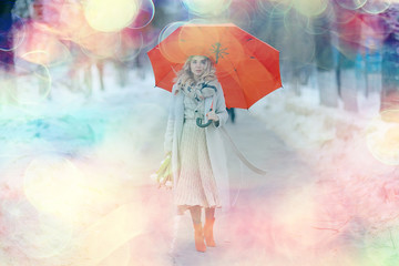 blurred background, spring portrait girl happy / glam photo pink bokeh, fashion girl