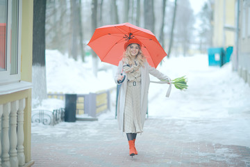 spring look girl flowers umbrella / young beautiful model, fashionable style glamorous posing outside